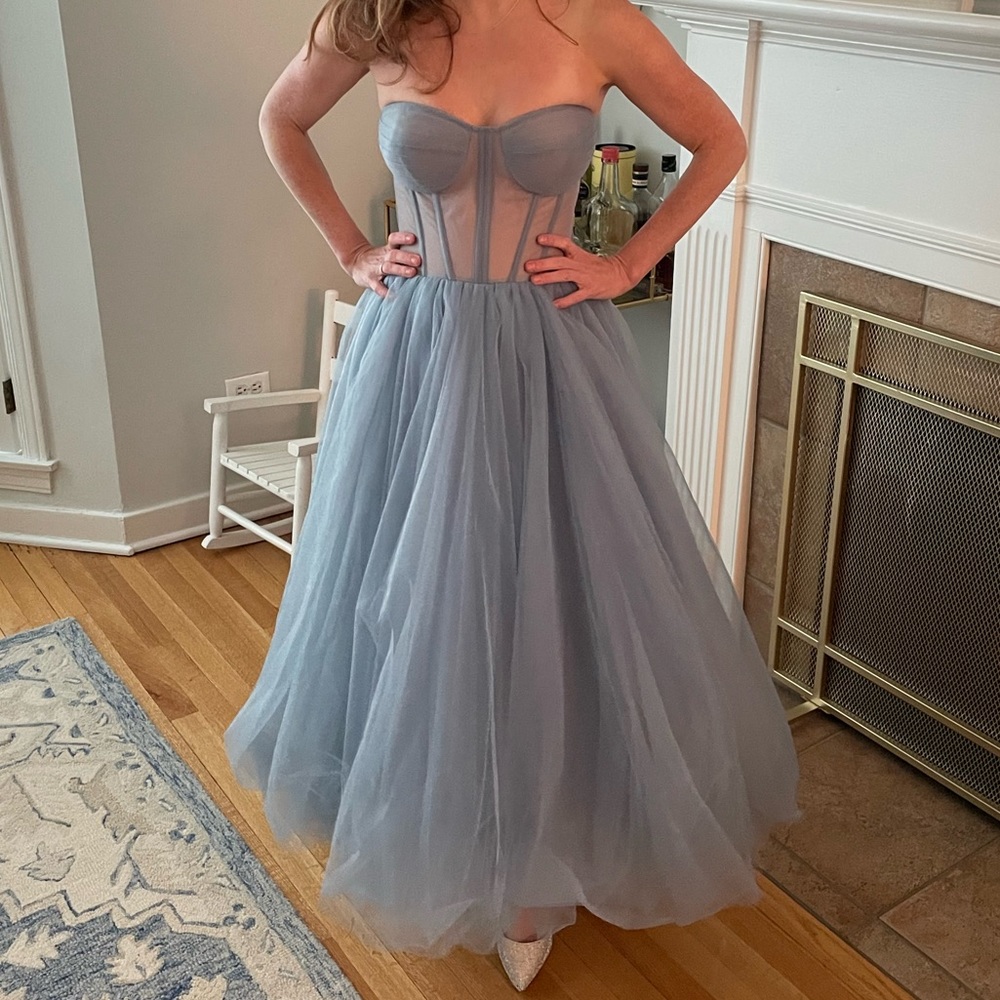 Strapless Dusty Blue Midi Tulle Dress